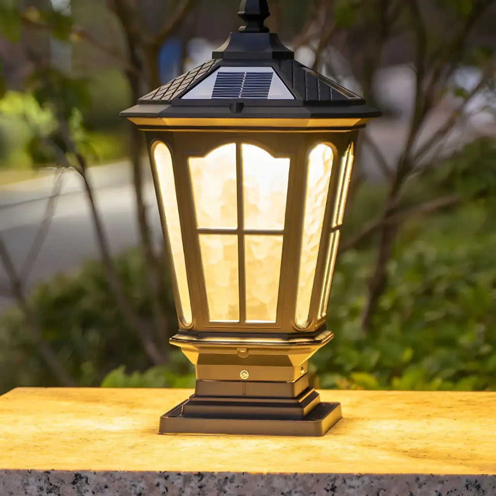 Vintage Hammered Pane Solar Black Outdoor Post Lights