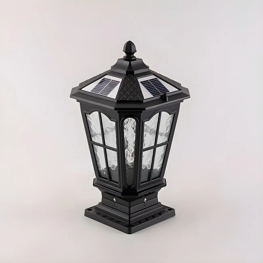 Vintage Hammered Pane Solar Black Outdoor Post Lights