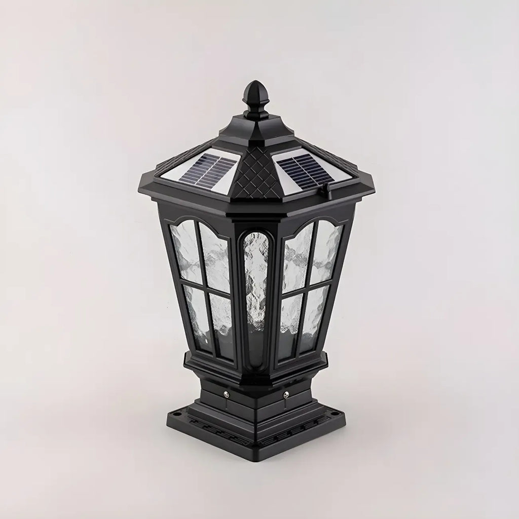 Vintage Hammered Pane Solar Black Outdoor Post Lights