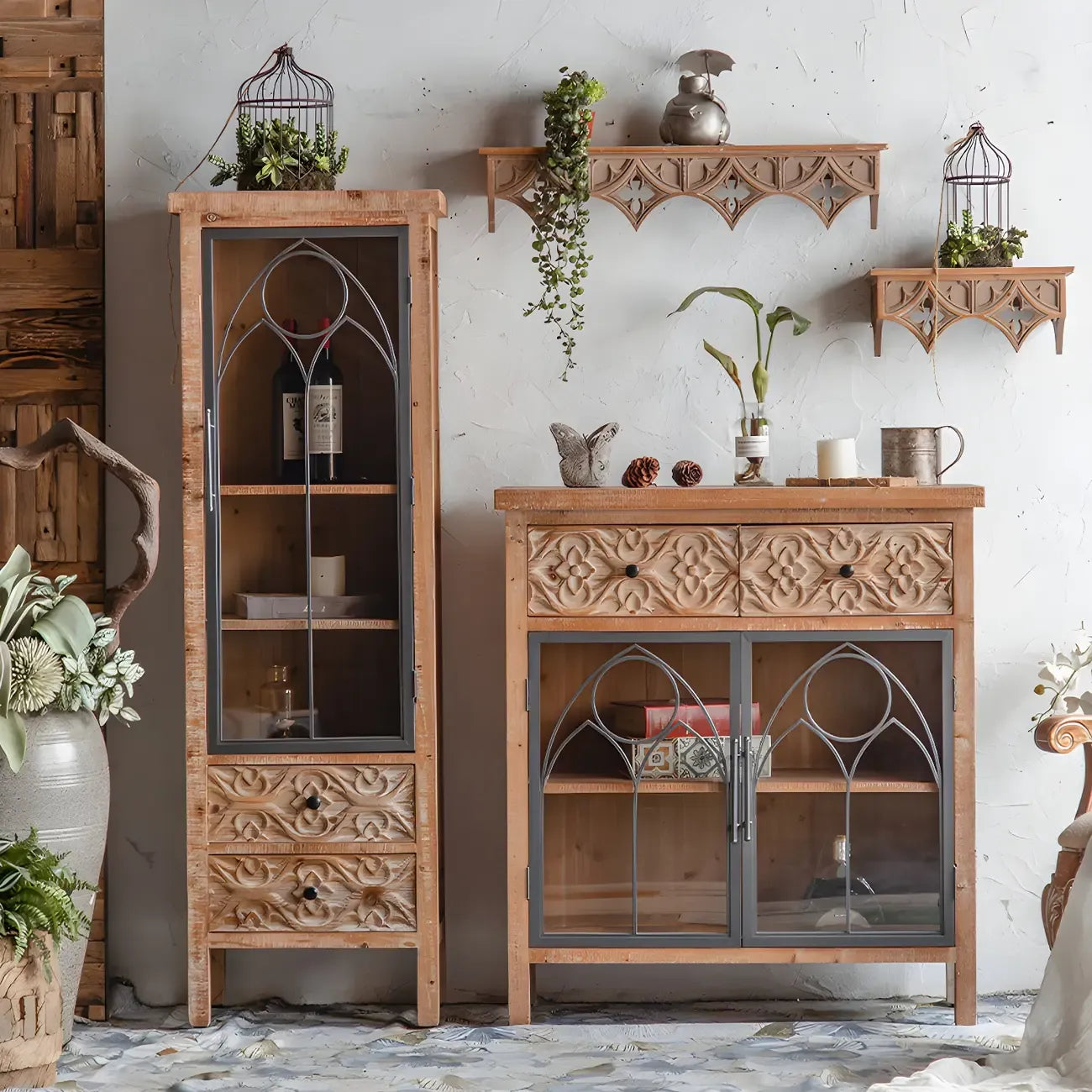 Classic 2-Drawer Brown Medium Wood Glass China Cabinet