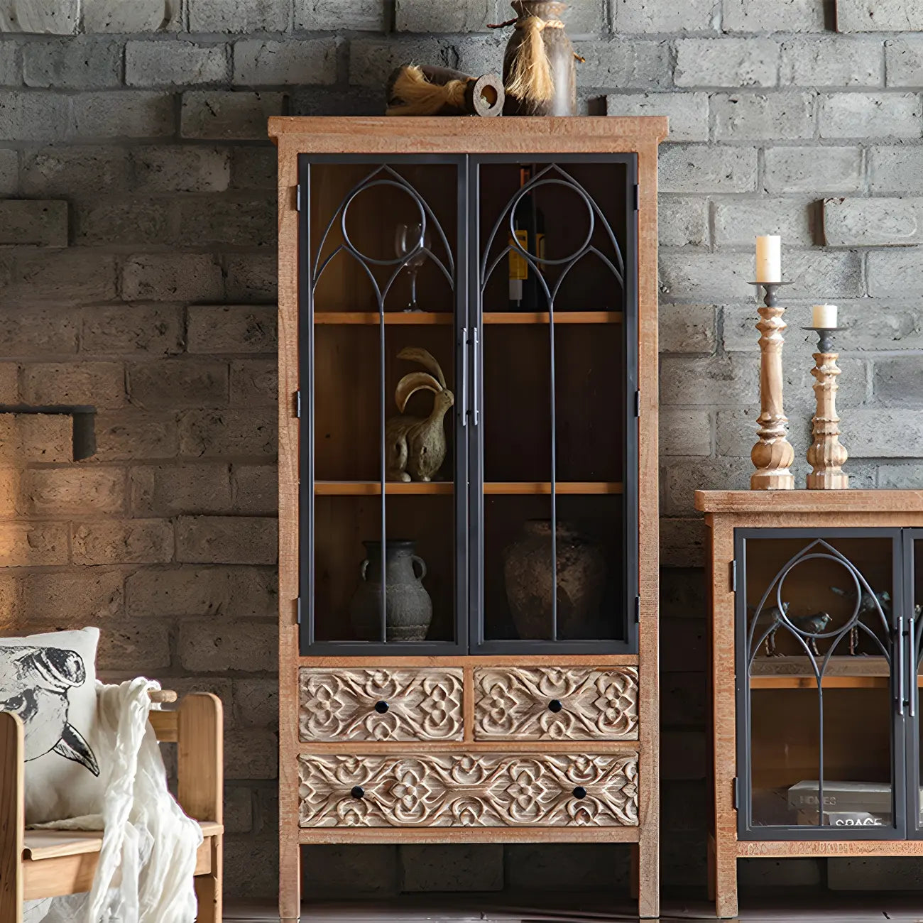 Classic 2-Drawer Brown Medium Wood Glass China Cabinet