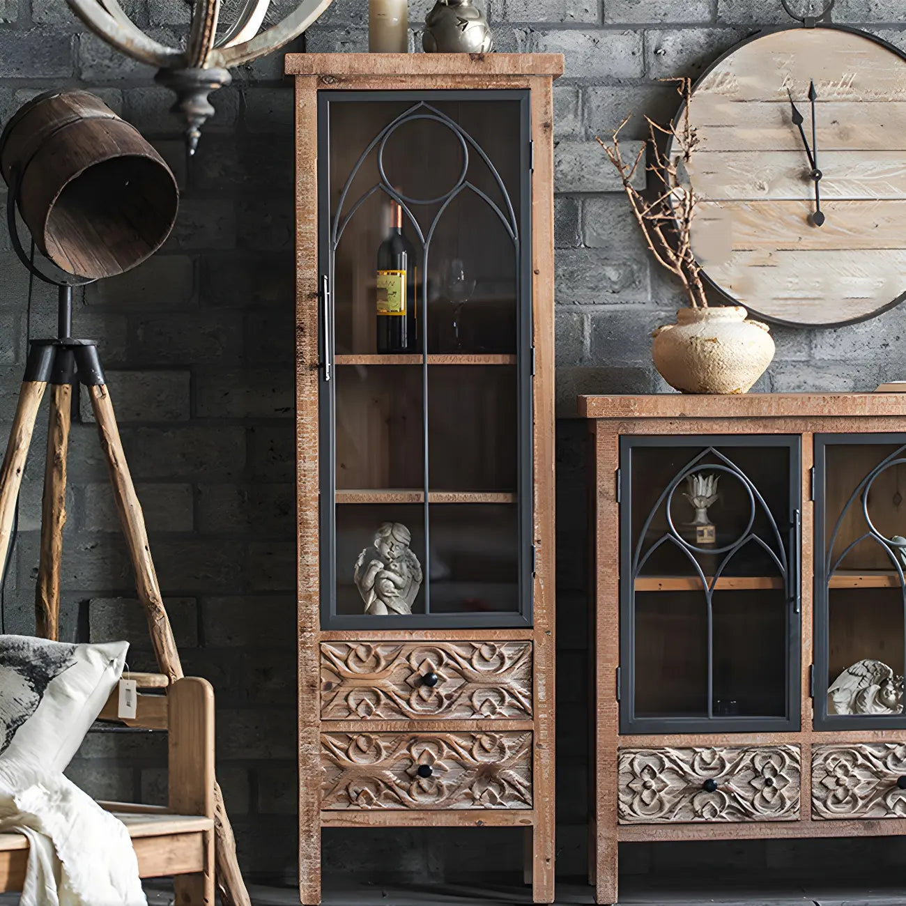 Classic 2-Drawer Brown Medium Wood Glass China Cabinet