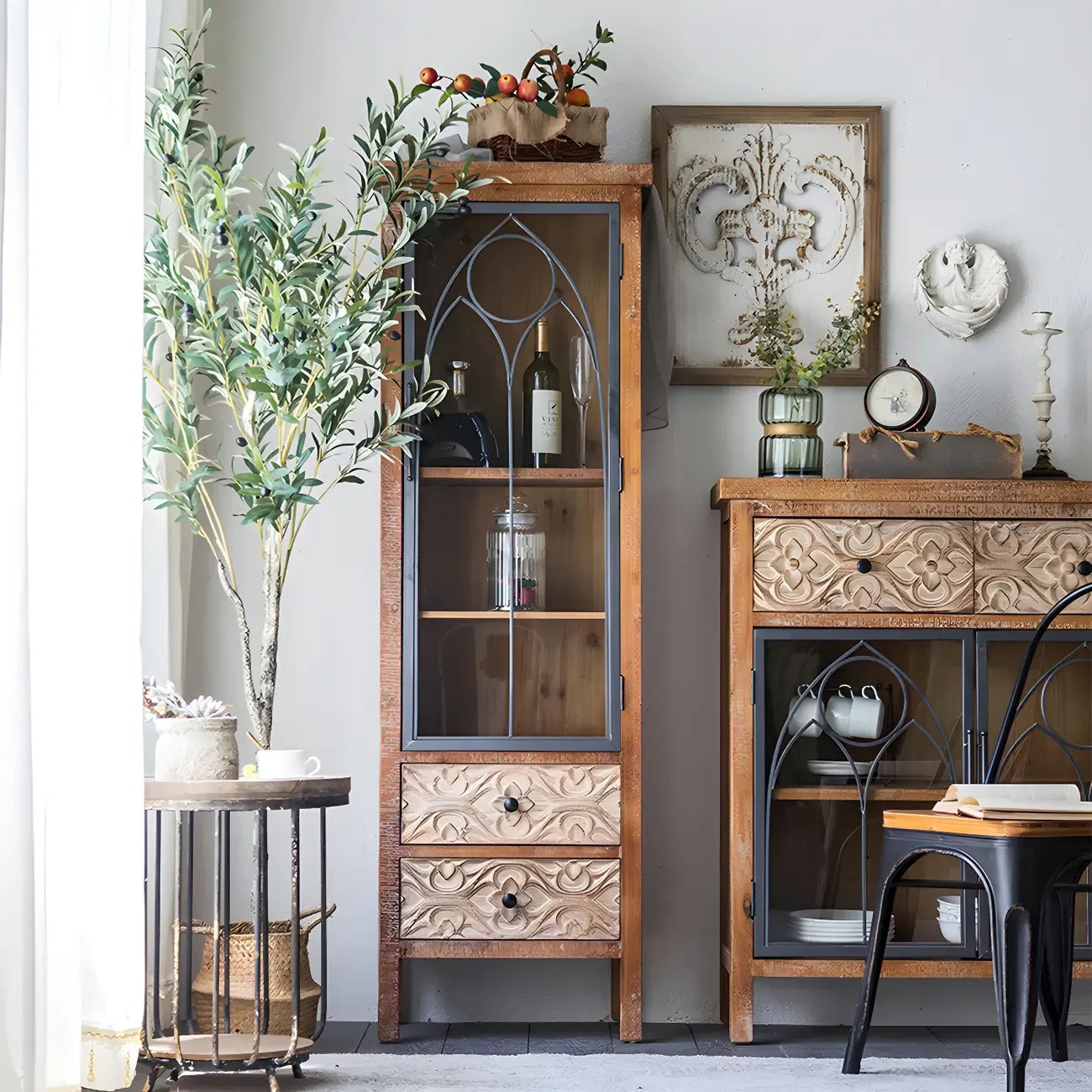 Classic 2-Drawer Brown Medium Wood Glass China Cabinet