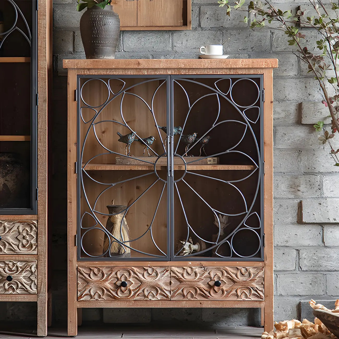 Classic 2-Drawer Brown Medium Wood Glass China Cabinet