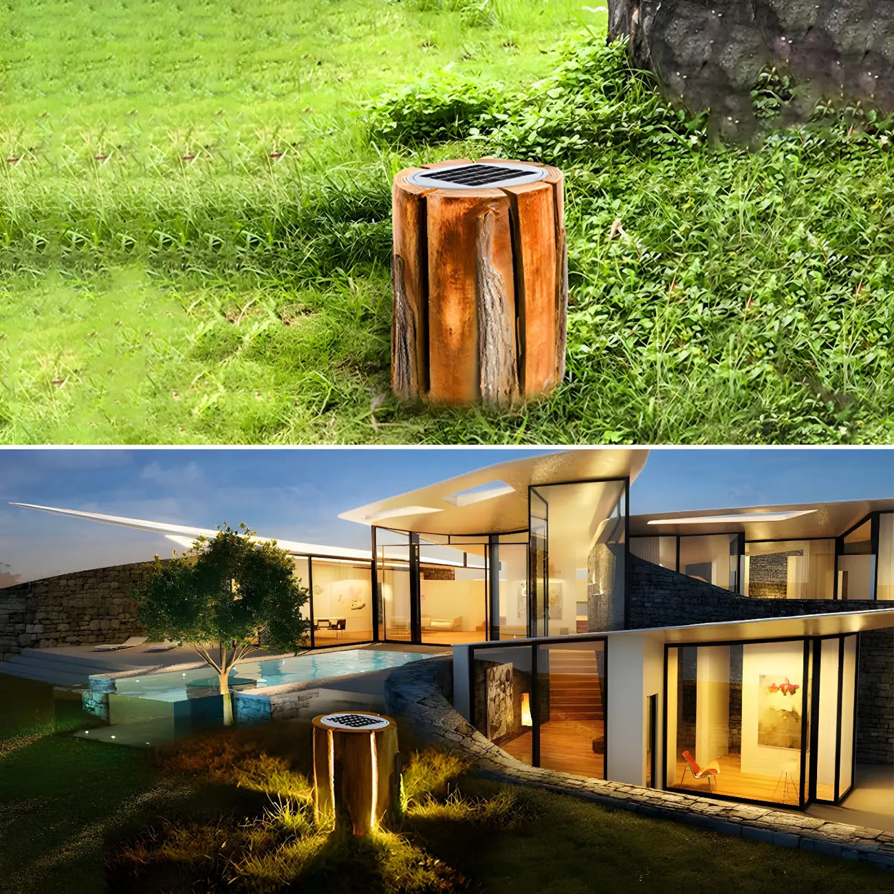 Contemporary Solar Resin Tree Stump Outdoor Post Lights