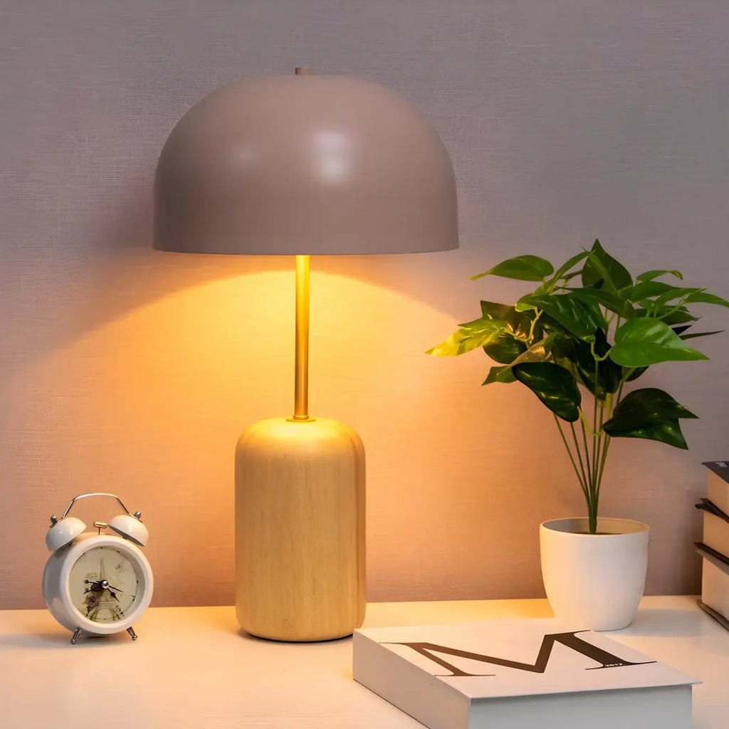 Minimalist Iron Wood Dome Shape Bedside Table Lamp