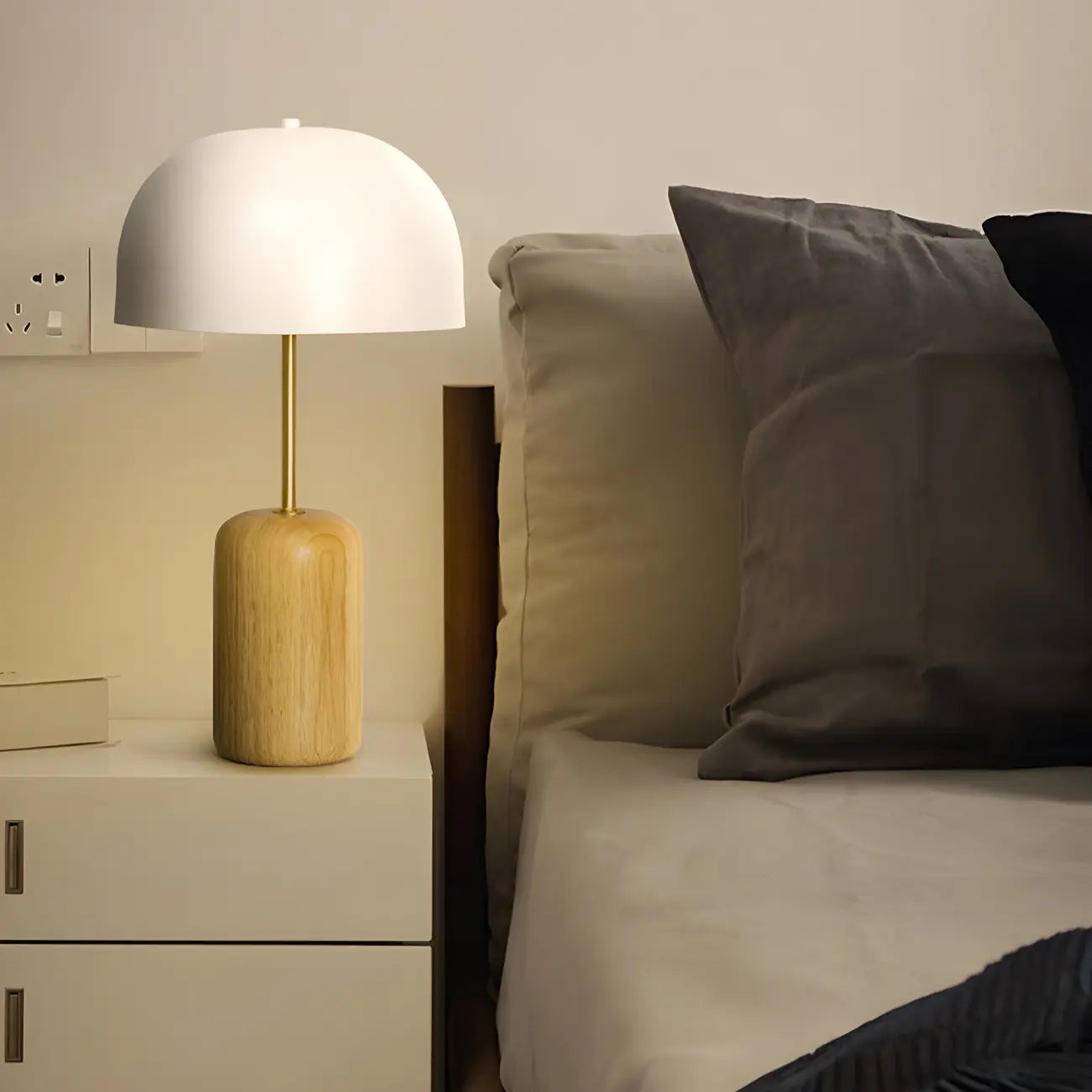 Minimalist Iron Wood Dome Shape Bedside Table Lamp
