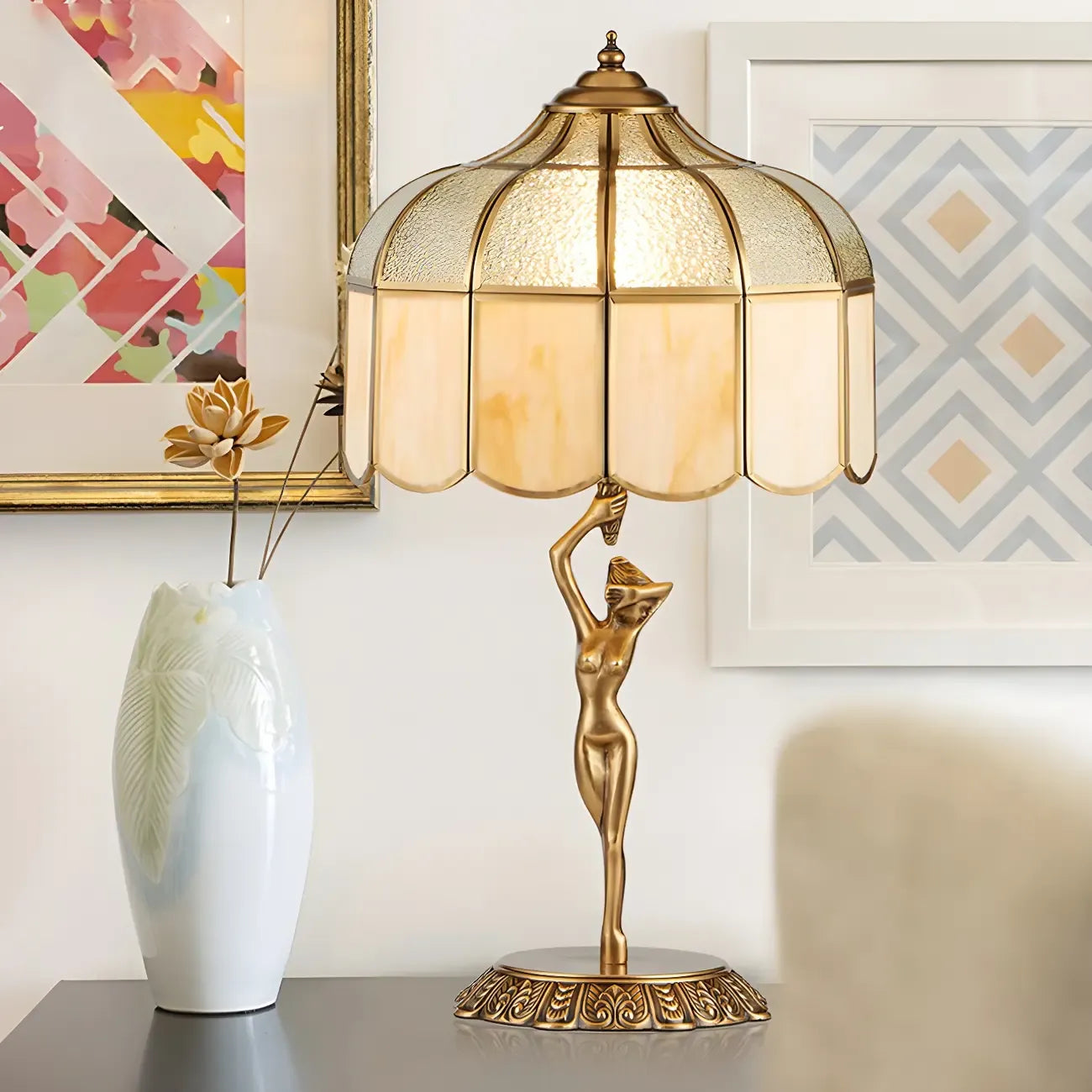 Artistic Figural Sculpture Brass Metal Dome Table Lamp