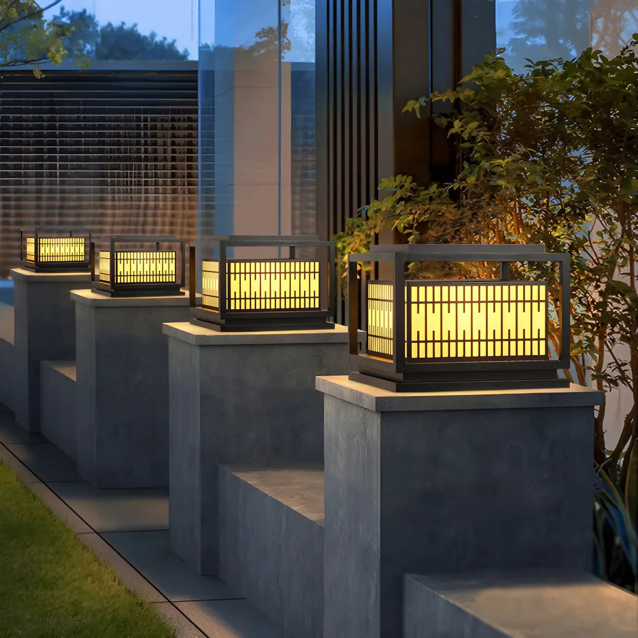 Black Metal Rectangle Solar Warm Light Outdoor Post Lights