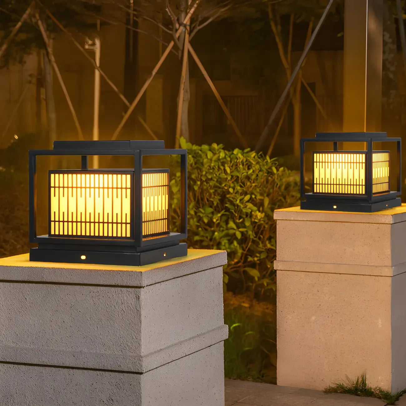 Black Metal Rectangle Solar Warm Light Outdoor Post Lights