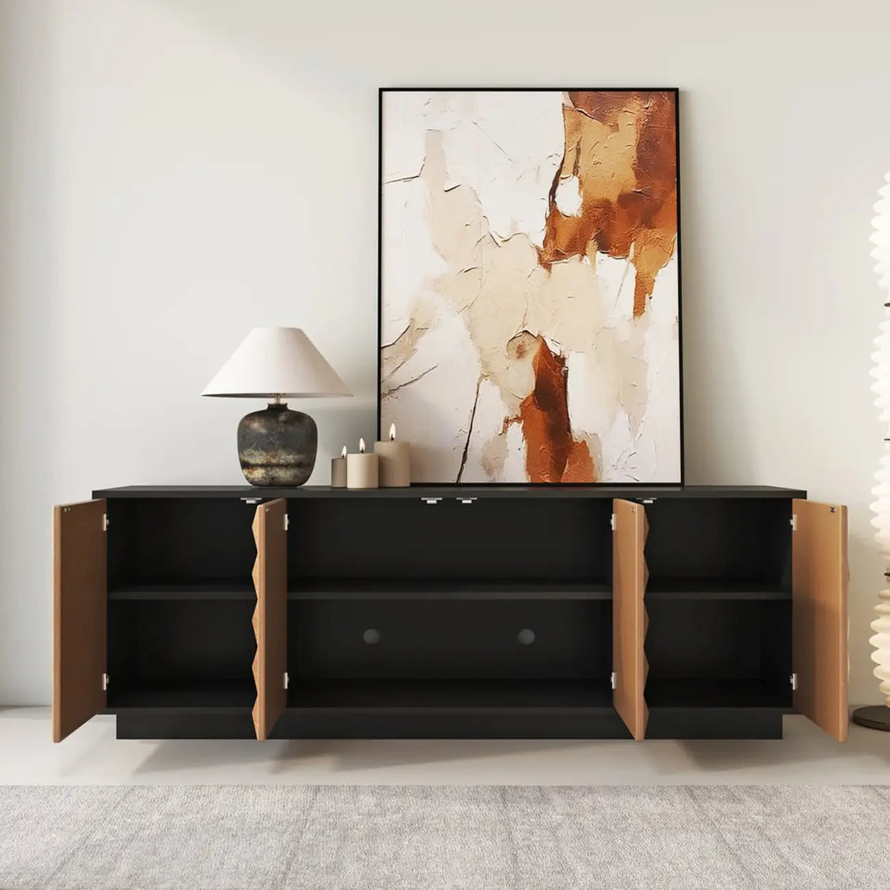 Black & Natural Wooden Fluted Doors TV Stand for 75 Inch TV