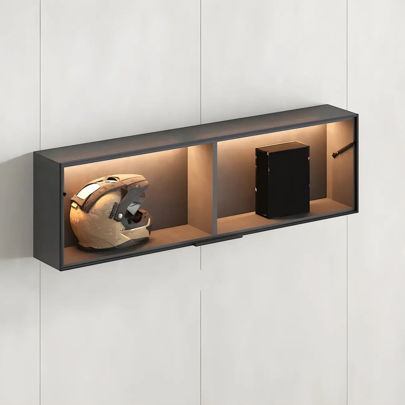 Black Wall Mount Wood 2-Cube Display Cabinet with Light