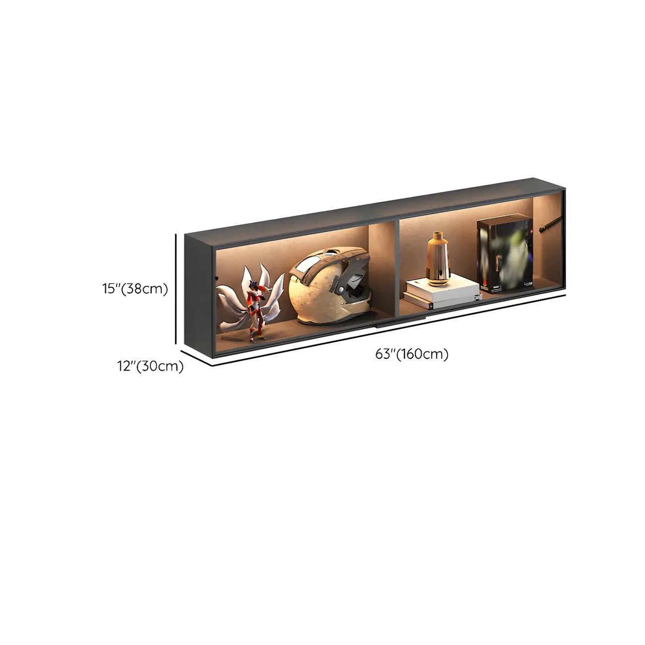 Black Wall Mount Wood 2-Cube Display Cabinet with Light