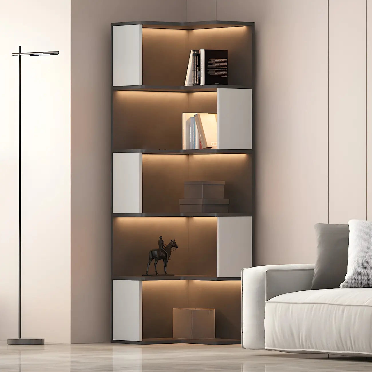Black-White Wooden Open Corner Display Cabinet with Light