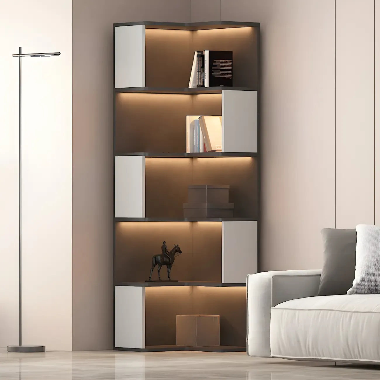 Black-White Wooden Open Corner Display Cabinet with Light