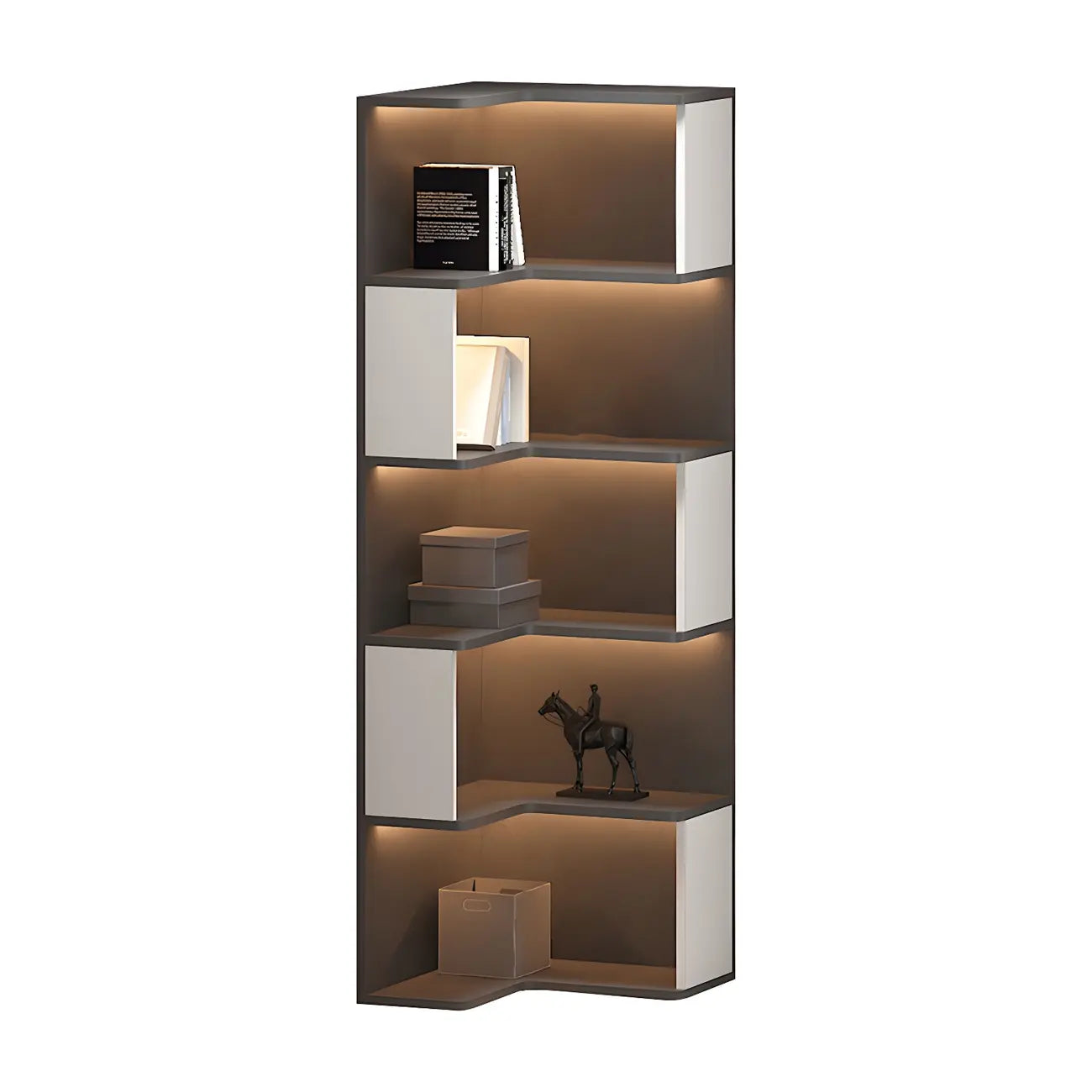 Black-White Wooden Open Corner Display Cabinet with Light