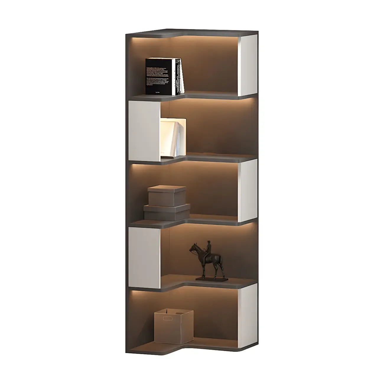 Black-White Wooden Open Corner Display Cabinet with Light