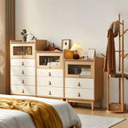 Durable Natural Finish Light Wood and Glass Drawers Dresser