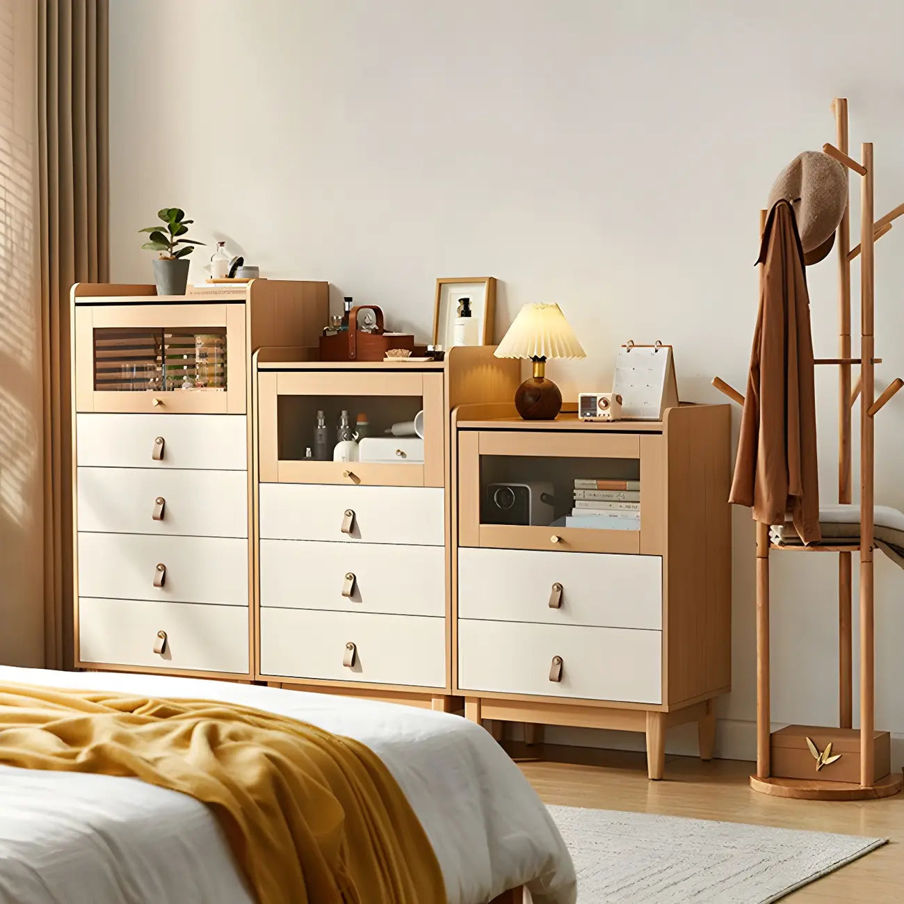 Durable Natural Finish Light Wood and Glass Drawers Dresser