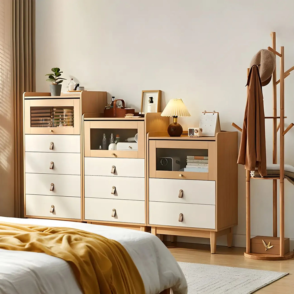 Durable Natural Finish Light Wood and Glass Drawers Dresser