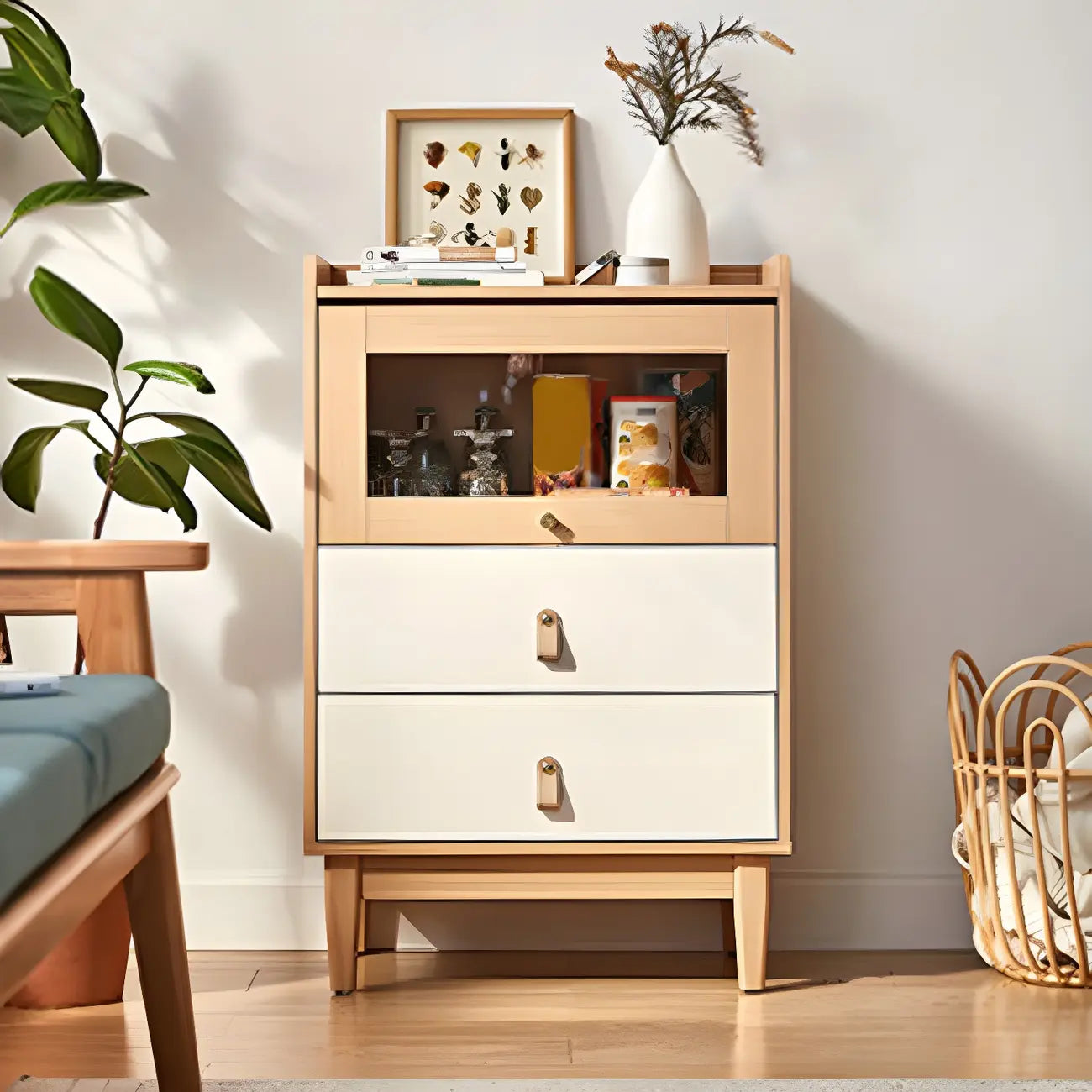 Durable Natural Finish Light Wood and Glass Drawers Dresser