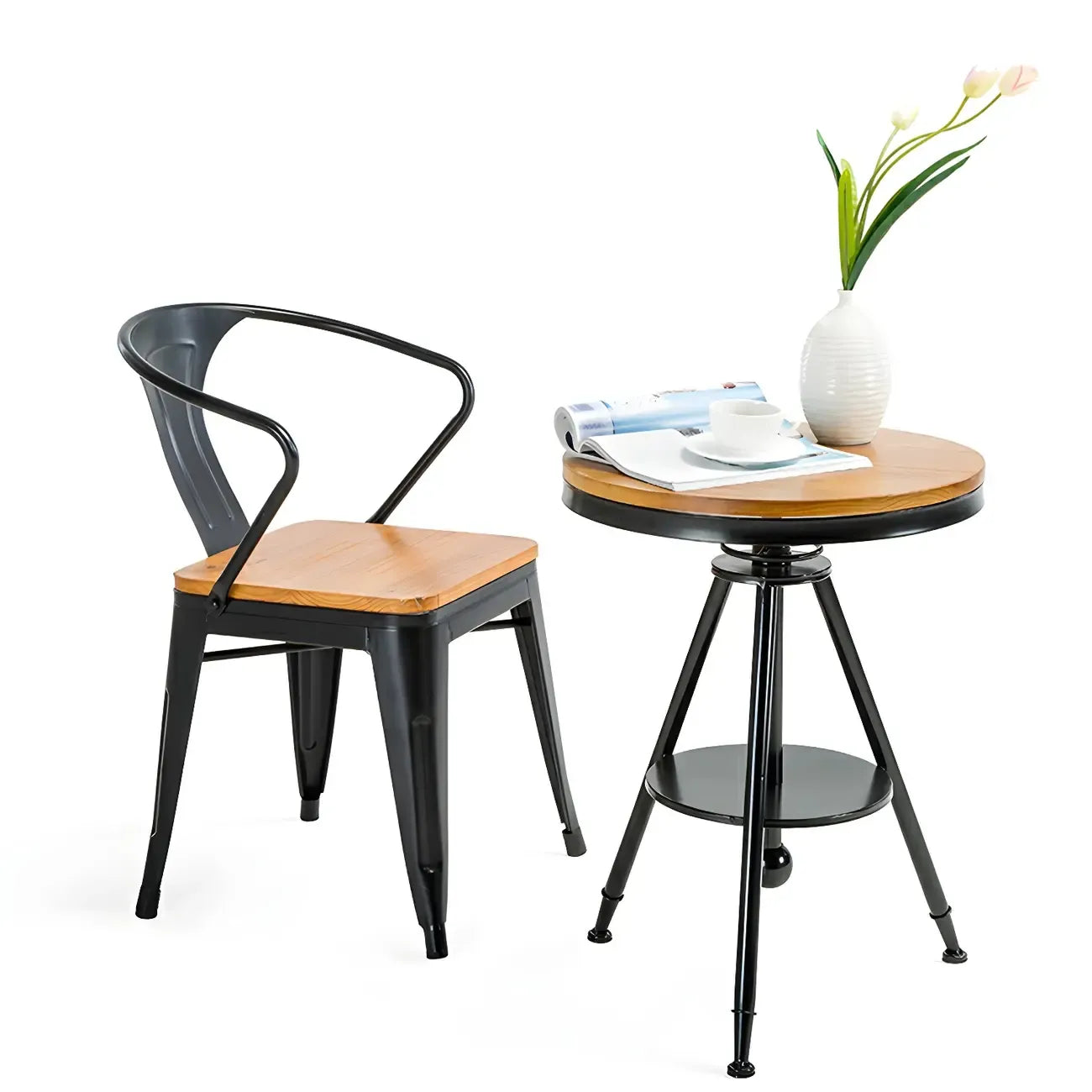 Adjustable Pine Wood Round Cocktail Bar Table for Home Bar