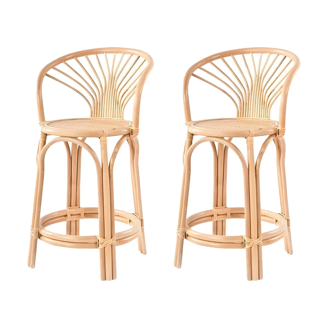 Comtemporary Wood Rattan Back Bar Stools with Footrest