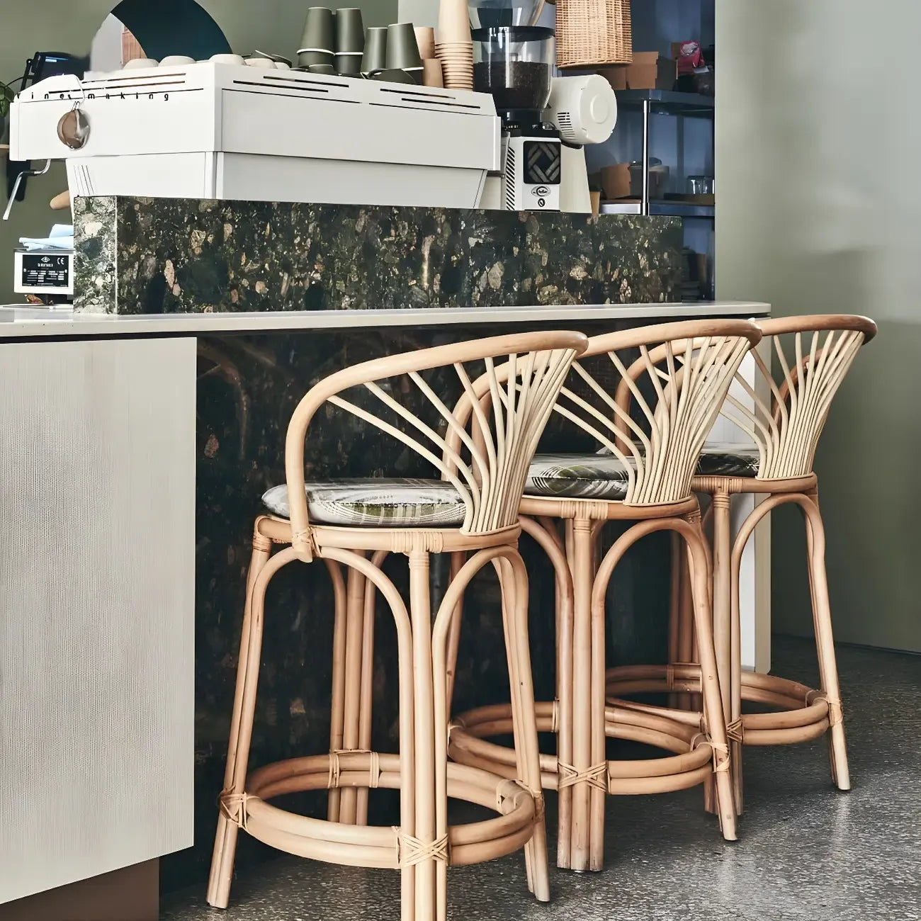 Comtemporary Wood Rattan Back Bar Stools with Footrest