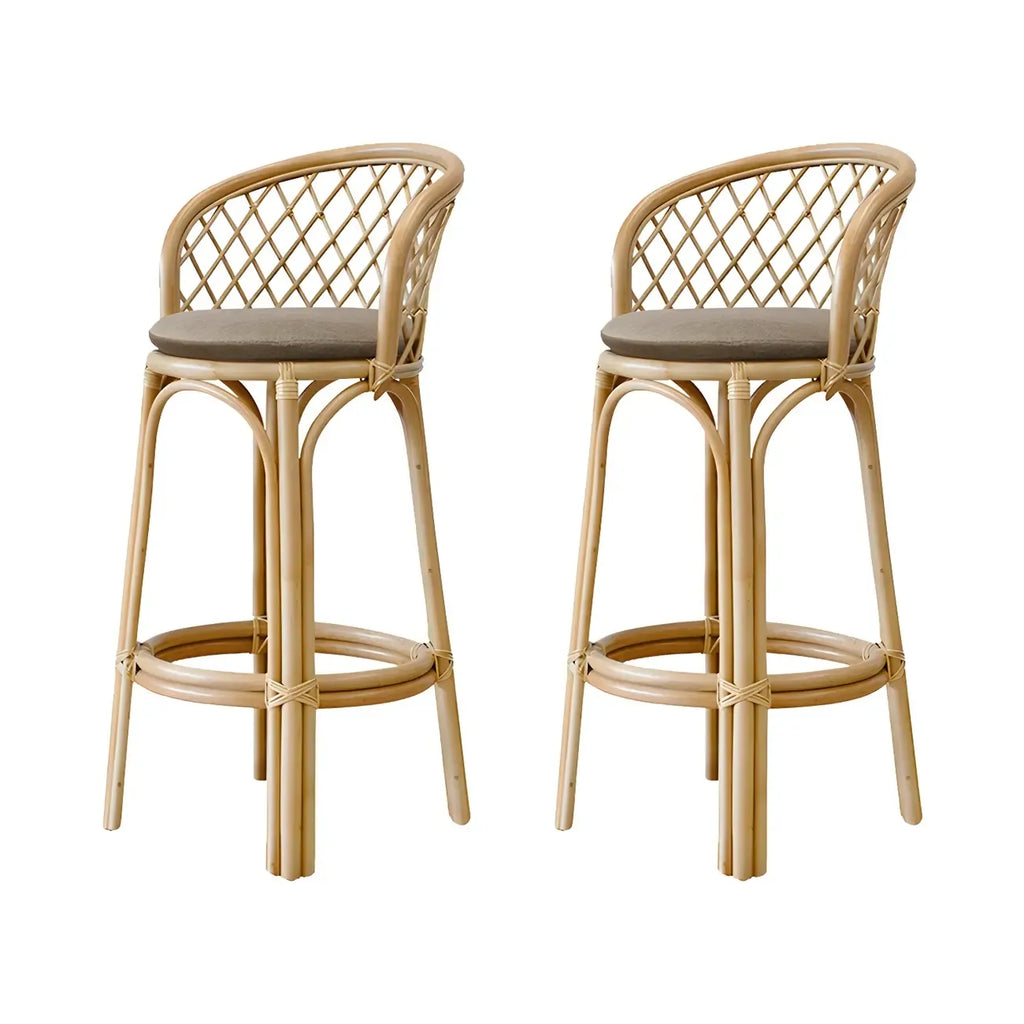 Comtemporary Wood Rattan Back Bar Stools with Footrest