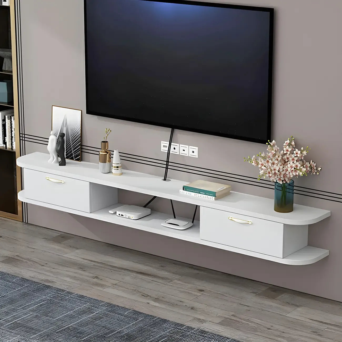 Contemporary Floating Wood Open Storage TV Stand Black