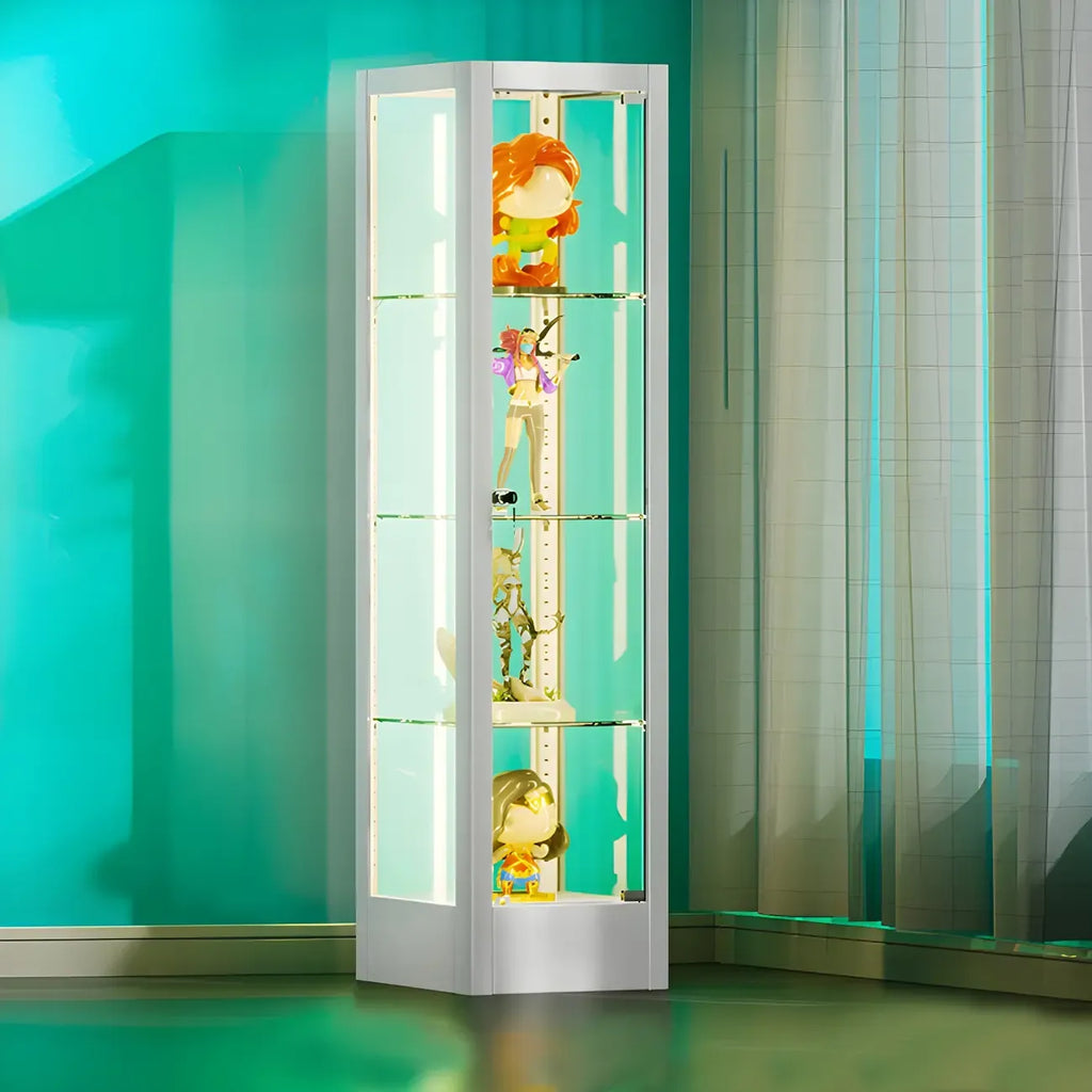 Adjustable Shelves White Glass Locking Curio Cabinet