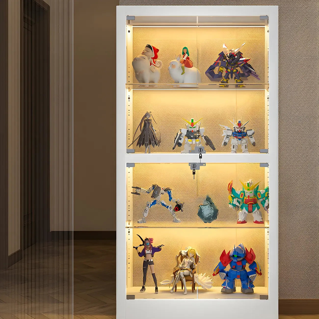 Adjustable Shelves White Glass Locking Curio Cabinet