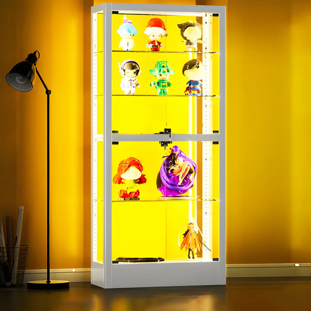Adjustable Shelves White Glass Locking Curio Cabinet