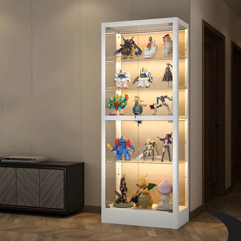 Adjustable Shelves White Glass Locking Curio Cabinet