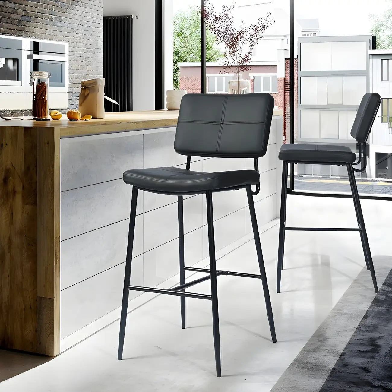 Black Leather Saddle Low Back Counter Bar Stools for Kitchen