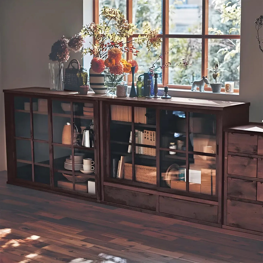 Adjustable Shelves Brown Wood China Cabinet with Glass Doors