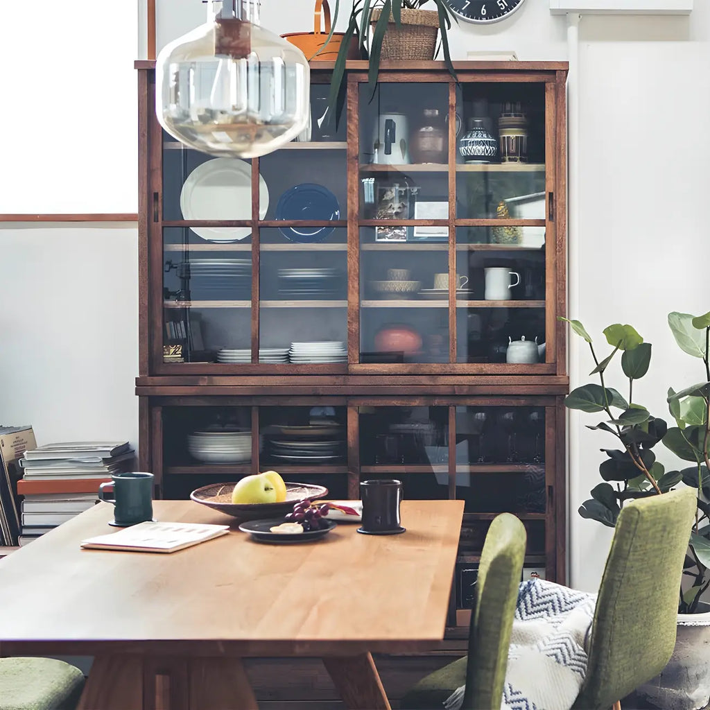 Adjustable Shelves Brown Wood China Cabinet with Glass Doors
