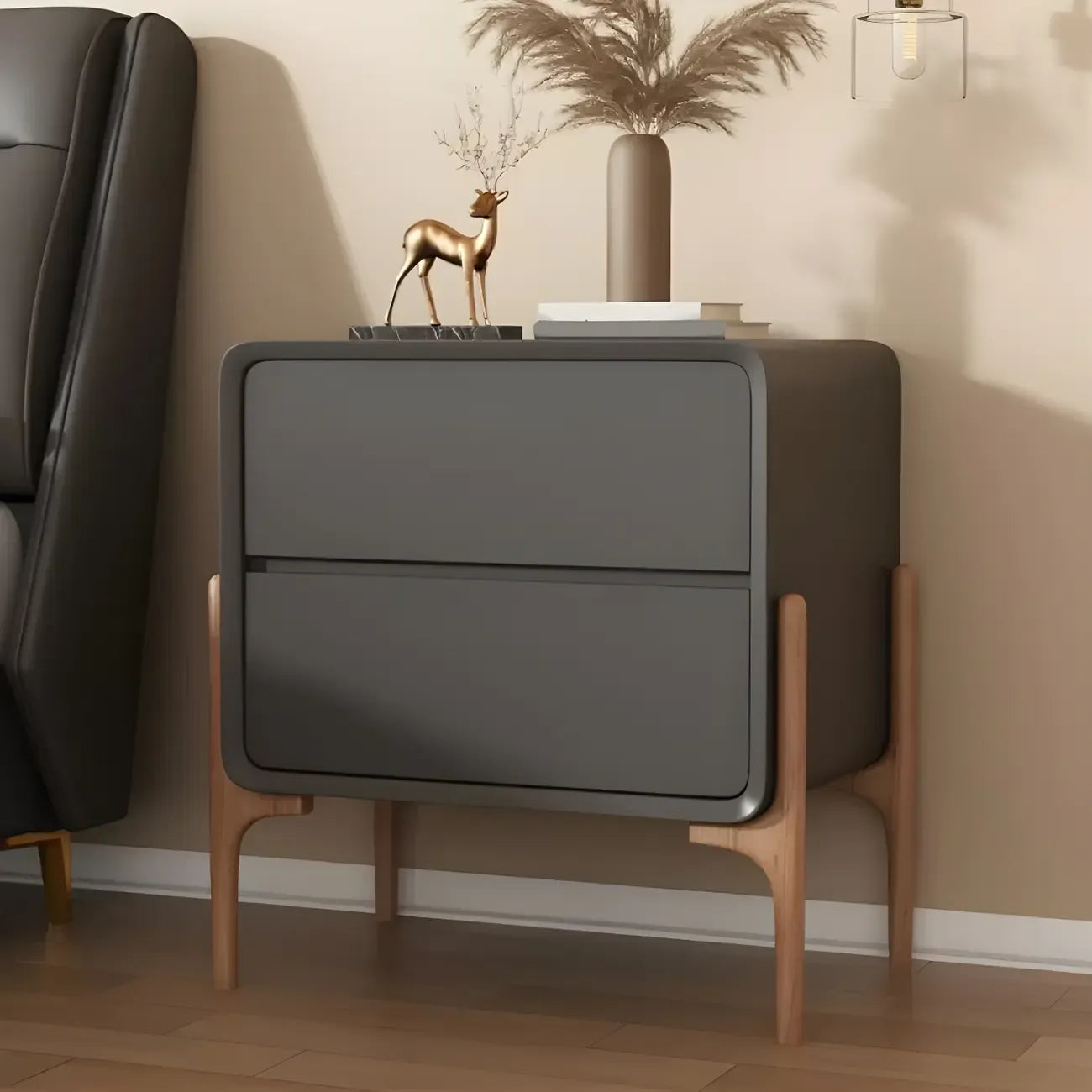 Morandi Cubic Leather Wood Small Bedside Table