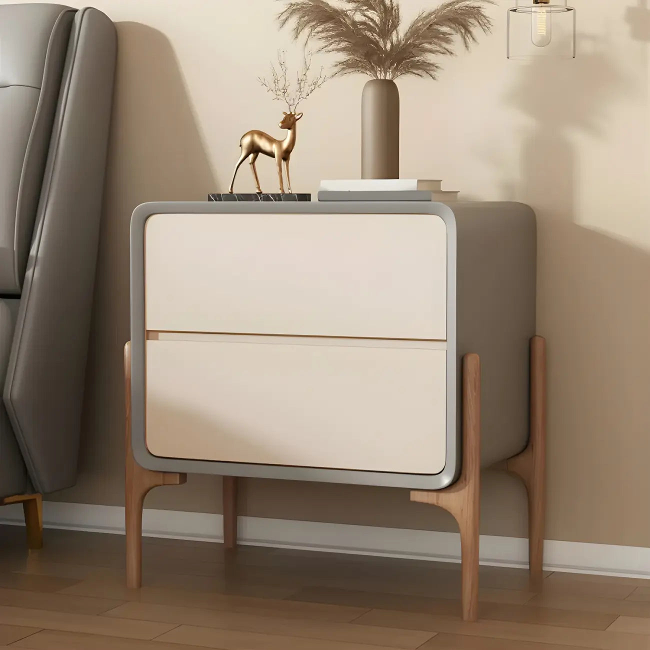 Morandi Cubic Leather Wood Small Bedside Table