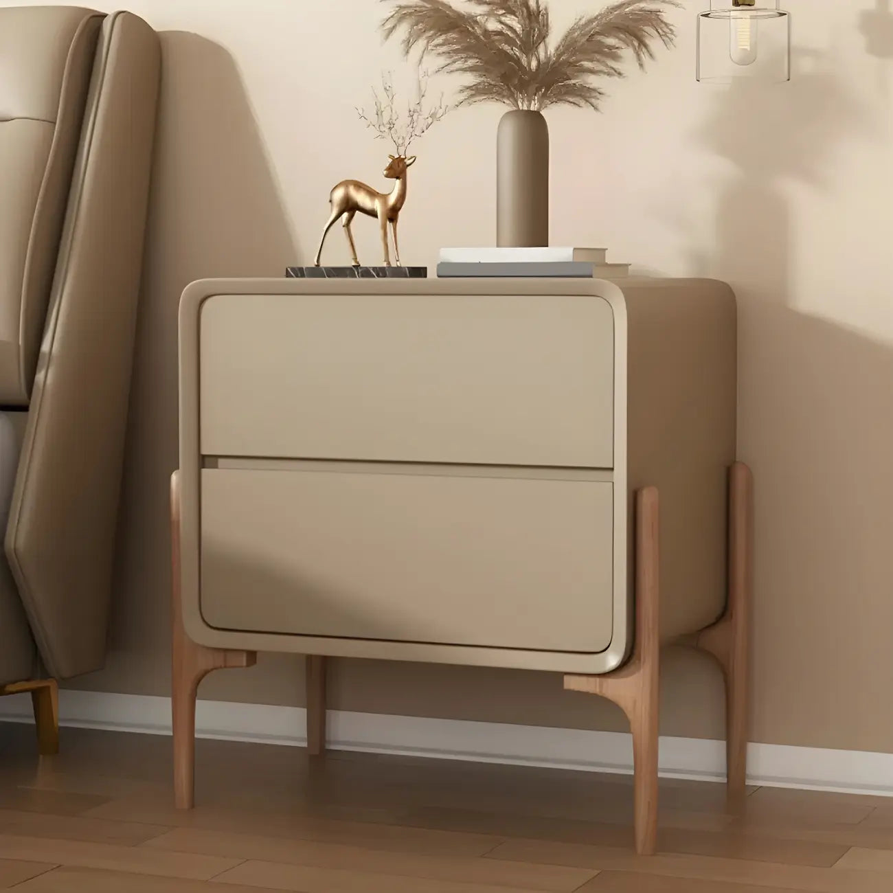 Morandi Cubic Leather Wood Small Bedside Table
