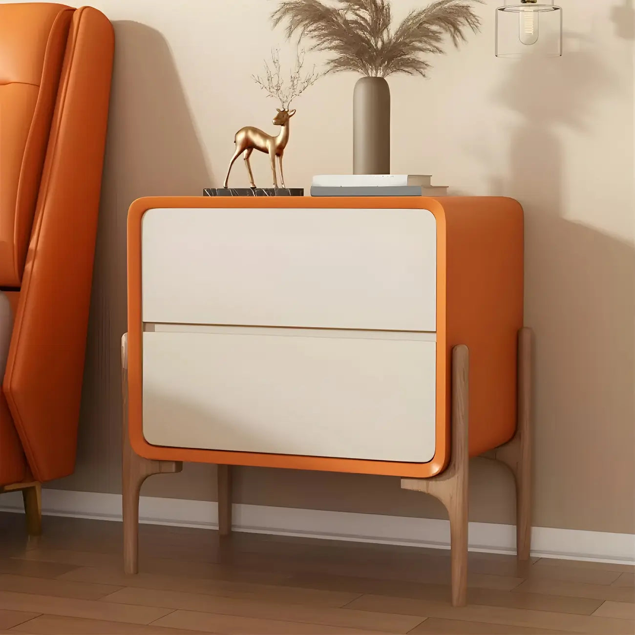 Morandi Cubic Leather Wood Small Bedside Table