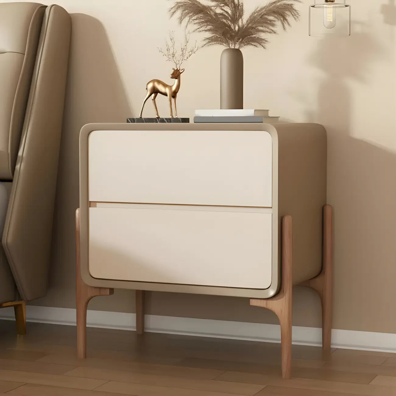 Morandi Cubic Leather Wood Small Bedside Table