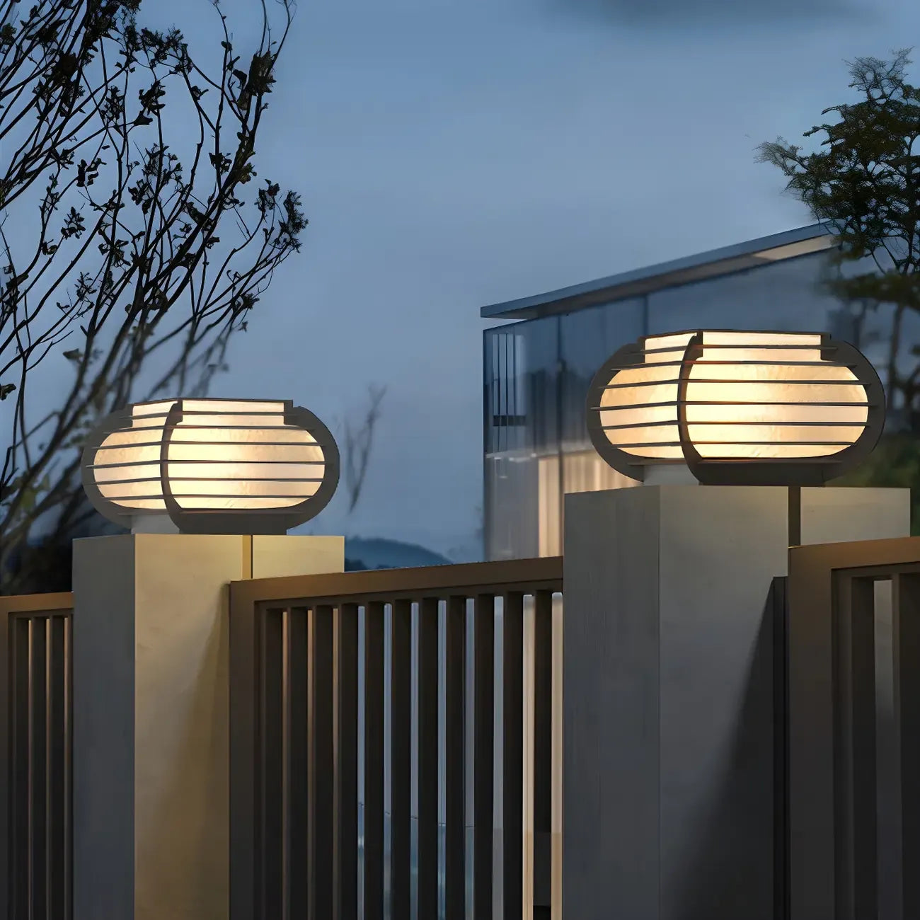 Black Ribbed Metal Warm Light Outdoor Post Lights