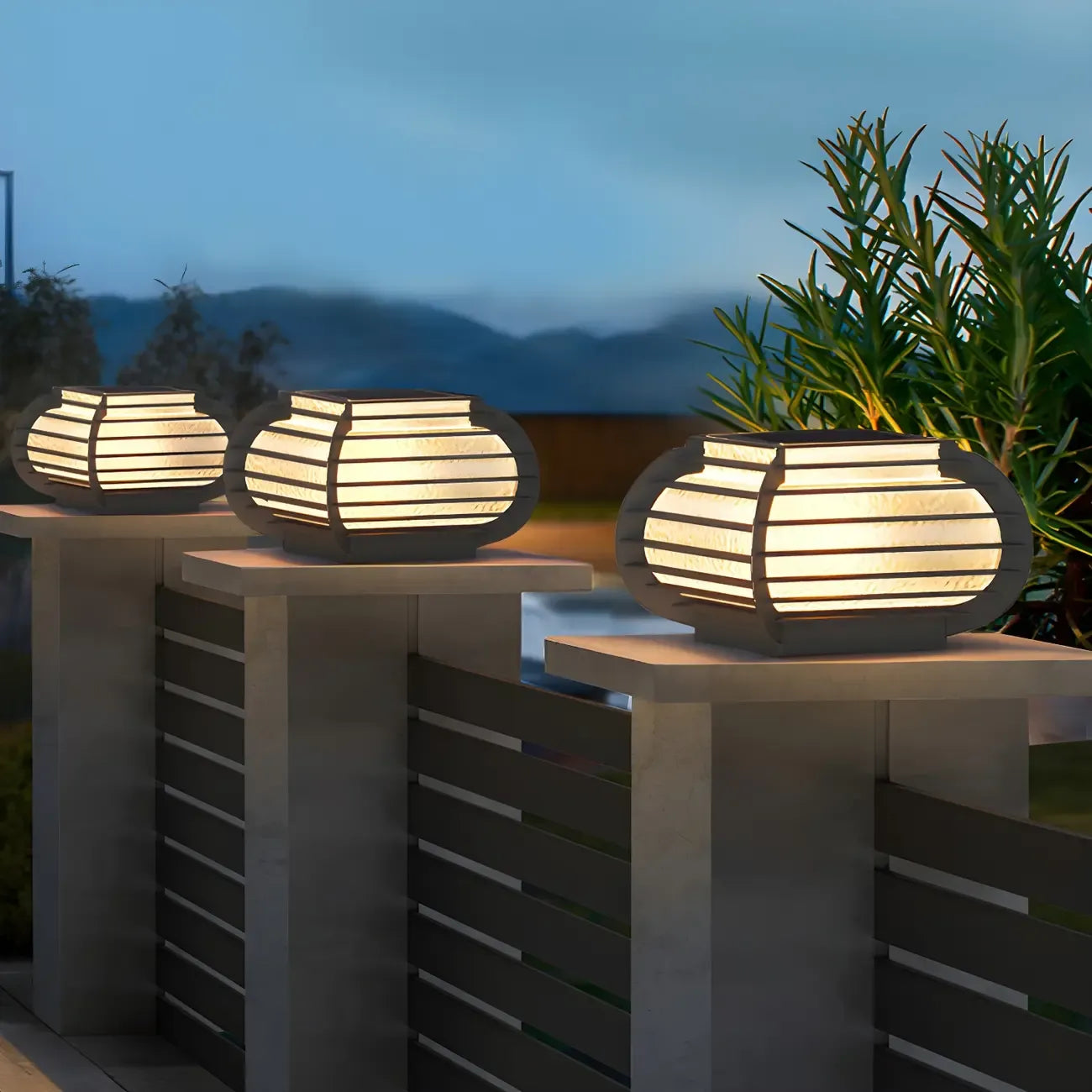 Black Ribbed Metal Warm Light Outdoor Post Lights