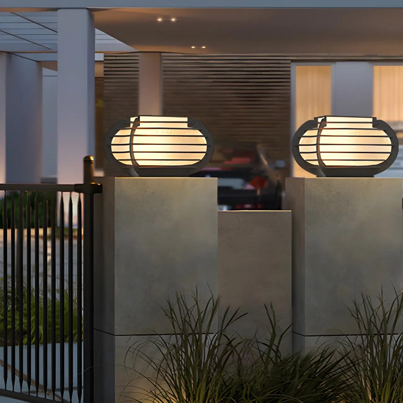 Black Ribbed Metal Warm Light Outdoor Post Lights