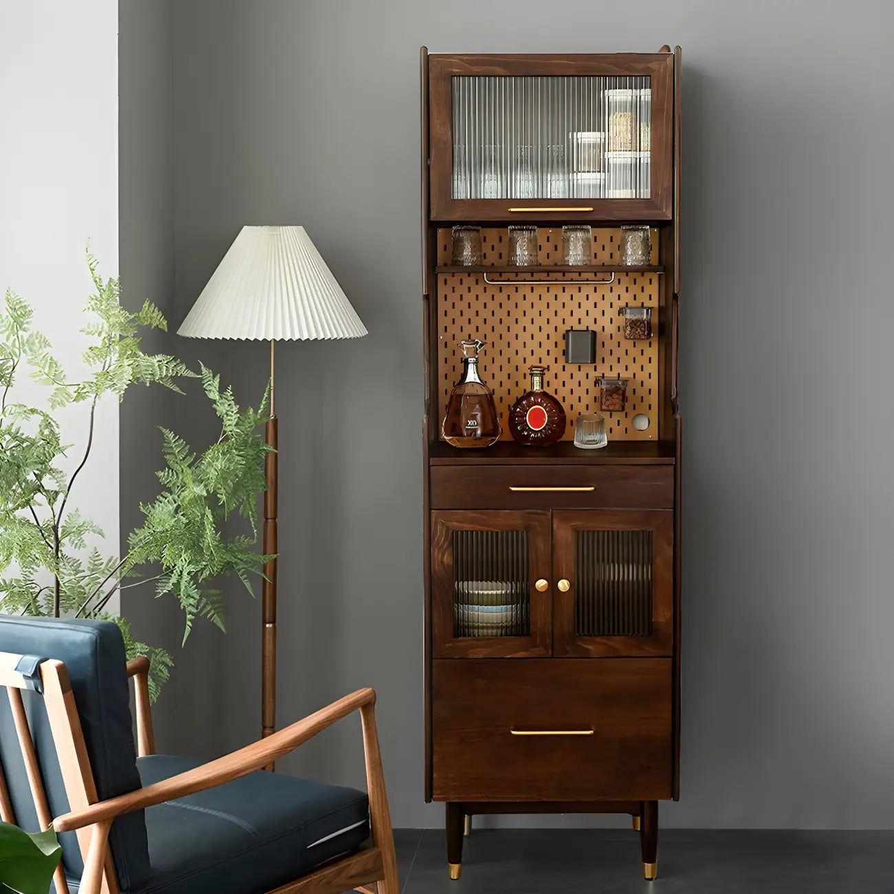 Adjustable Walnut Wood Glass Doors Dining Hutch Cabinet