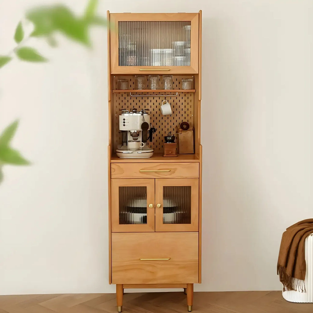 Adjustable Walnut Wood Glass Doors Dining Hutch Cabinet