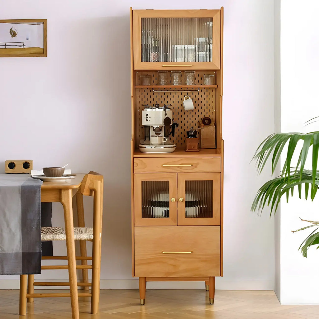 Adjustable Walnut Wood Glass Doors Dining Hutch Cabinet