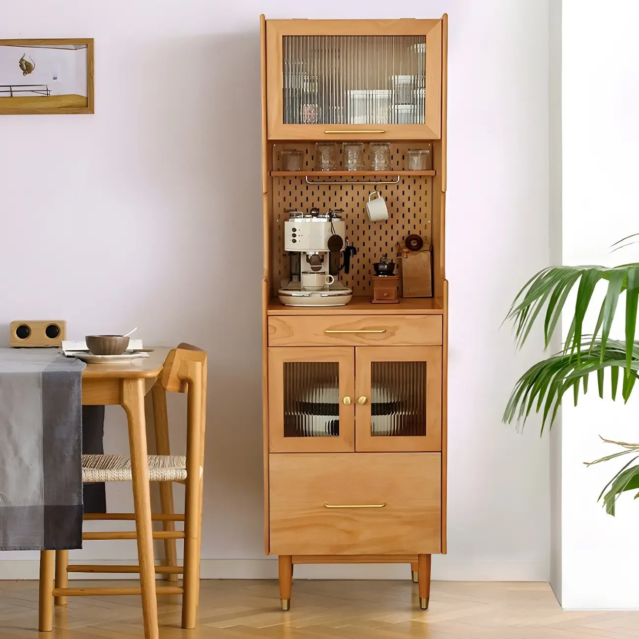 Adjustable Walnut Wood Glass Doors Dining Hutch Cabinet