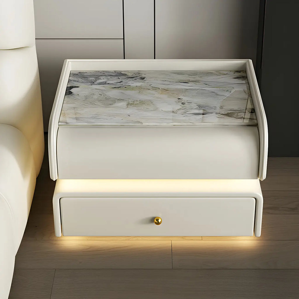 Black LED Marble Top Drawer Storage Nightstand